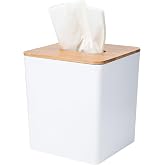 Tissue Box Cover Square, White, with Bamboo Lid, 1 Pack | Tissue Dryer Sheet Holder, Modern Farmhouse Boho Decor