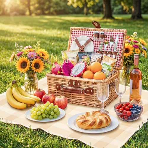 Wicker Picnic Basket Wicker Picnic Basket for 2 Person - Picnic Set with Insulated Compartment, Plates, Cutlery, Wine Glasses, Corkscrew - Perfect for Beach, Country, Park & BBQ Gift