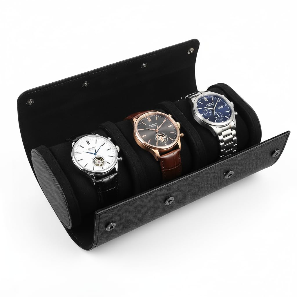 VILLCASE 3 Slot Watch Travel Case, PU Leather Watch Roll Case with Removable Pillows, Portable Watches Storage Box Organizer for Men and Women (Black)