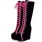 Aobaoya Women Platform High Heels Boot Height Increasing Round Toe Lace-Up Winter Knee High Wedges Boots