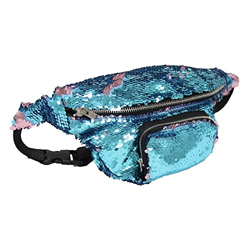 YuKing Unisex Mermaid Sequins Fanny Waist Pack Double Color Beach Waist Bag Casual Sport Outdoor Travel Crossbody Bags (Blue/Pink)
