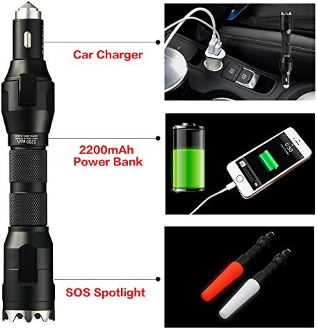 Rechargeable 2200mAh Power Bank Army Tactical Flashlight for Men, Extremely Bright LED Flashlight, Car Charger, Car Hammer, Seatbelt Cutter, Window Breaker, Emergency SOS Spotlight Safety Tool (Black)
