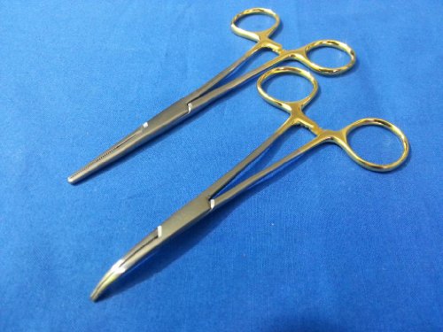 2 PCS GOLD HANDLE PREMIUM O.R GRADE SUTURE LACERATION KIT MOSQUITO HEMOSTAT LOCKING FORCEPS 5" CURVED 5" + KELLY HEMOSTAT FORCEPS 5.5" STRAIGHT (HTI BRAND) - Thumbnail 4