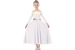 TLMNU Girls Praise Dance Dress Metallic Gold Liturgical Worship Church Robe Full Length Swing Lyrical Costume