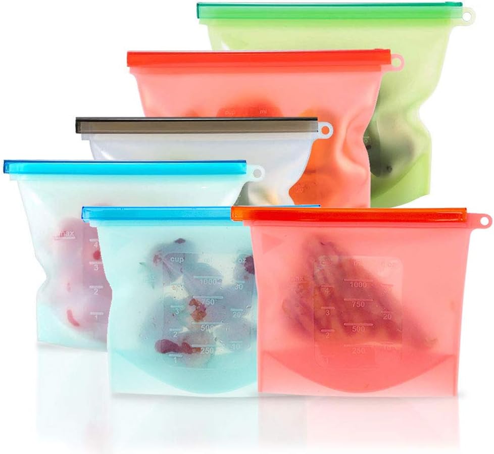 Angker Reusable Silicone Food Storage Bag, Food Grade Versatile Preservation Bag, Eco Friendly and BPA Free, for Vegetable, Fruit Microwave and Freezer (1000ml, Pack of 6)