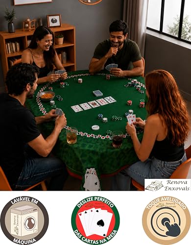 Toalha De Mesa Aveludada Para Jogar Baralho Estampa De Cartas Truco Carteado Tema Poker Serve Em Mesa Quadrada ou Redonda Para 4 Lugares - 1,60 x 1,60 m - Renova Enxovais