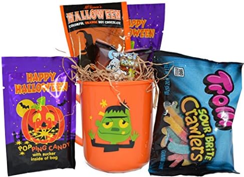Halloween Candy and Cocoa Gift Basket for Kids- Includes Plastic Mug, Witchs Brew Hot Cocoa, Marshmallows, Sour Gummy Worms and Halloween Popping Candy (Orange Ghoul)
