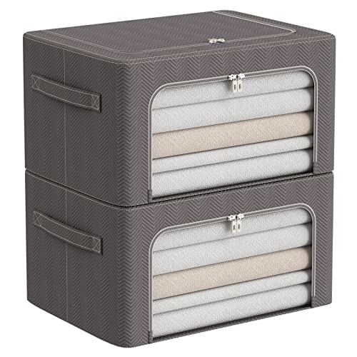 Foldable Clothes Storage Bins 2 Pack, Stackable Metal Frame Clothing