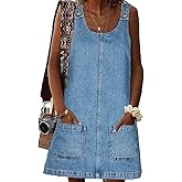 BZB Women's Sleeveless Casual Denim Dress Crewneck Vintage Loose Jean Overall Dress with Pockets