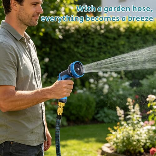 POP lina 15m Extendable Garden Water Hose with 1/2" and 3/4" Adapters with 10 Function Sprayer for Watering Irrigation Hose