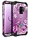 Lontect Compatible Galaxy S9 Case Floral 3 in 1 Heavy Duty Hybrid Sturdy High Impact Shockproof Protective Cover Case for Samsung Galaxy S9 - Black/Purple Flower