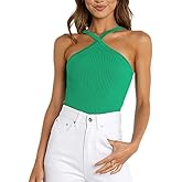 WFHFNJW Women Sexy Criss Cross Ribbed Knit Halter Crop Cami Sleeveless Backless Slim Fit Solid Casual Cropped Tank Top(M US Women, Green)