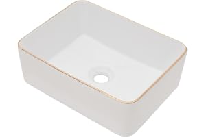 GHOMEG 16 Inch Bathroom Vessel Sink White Bathroom Sink Ceramic with Gold Rim 16x12 inch Above Counter Vanity Top Washing Basin