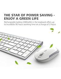 iClever GK03   Combo de teclado y ratón inalámbricos (2,4 G, batería recargable, tamaño completo, delgado, conexión estable, ajustable, DPI, color plateado y blanco), Plateado