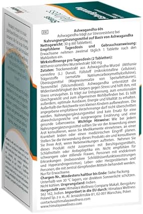 Stress Wellness Ashwagandha Wurzelextrakt 500 mg, 60 Tabletten (30 Tage) – Adaptogenes Nahrungsergänzungsmittel für Stressabbau, Energie und Entspannung. Vegane ayurvedische Formel