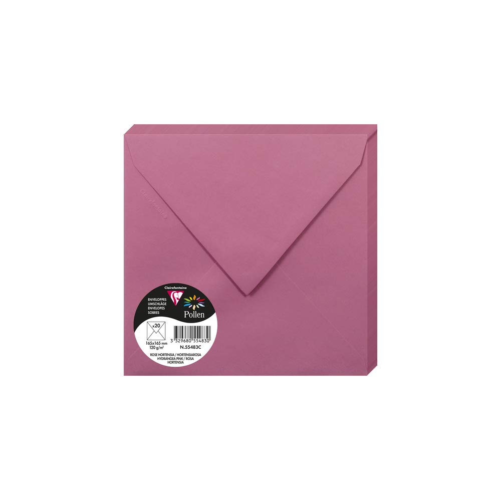 Clairefontaine 55483C Pack of 20 Gummed Envelopes Square 16.5x16.5cm 120g/m² Colour Hydrangea Pink Invitation Event Correspondence Range Pollen Premium Paper