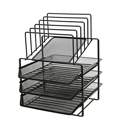 Exerz Desk Organizer Wire Mesh 3 Layer Sliding Letter Trays with 5 Upright Sections/Dividers/Paper Sorter/Desk Multifunctional File Holder Filing Shelves for Office, School Black (EX2428-BLK)