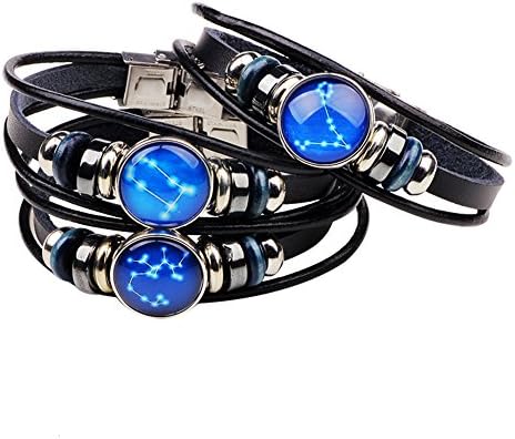 Yel and Elf Zodiac Constellation Astrology Horoscop Bracelet Multilayer Charm Leather Wristband Bangle 8 Inch