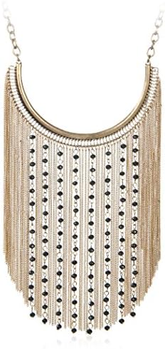 Bohemian Chunky Multulayer 18K Gold Plated Colorful Beads Three Chain Alloy Long Tassel Pendant Bib Necklace (Black)