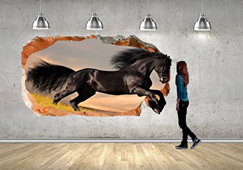 Startonight 3D Mural Wall Art Photo Decor Black Horse Amazing Dual View Surprise Large 32.28 inch By 59.06 inch Wall Mural Wallpaper for Living or Bedroom Animal Collection Wall Art