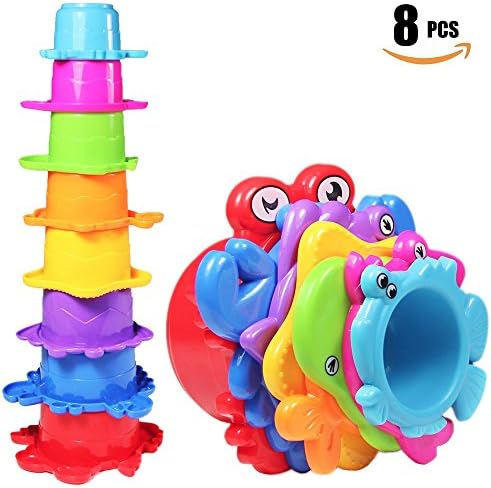 Aijiaye Bath Toy, BPA free Under the Sea Animals baby bath toys Stacking Cups For Boys And Girls Bath Time Fun -Pack of 8