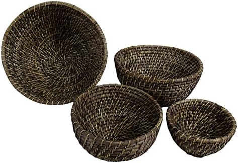 Decorative Round Deep Basket Wooden Wicker Hand Woven Cane Baskets Set of 4 Pieces