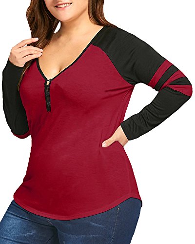 Imysty Plus Size Womens Tops Long Sleeve Sexy V Neck Striped Raglan Henley Shirts Blouse