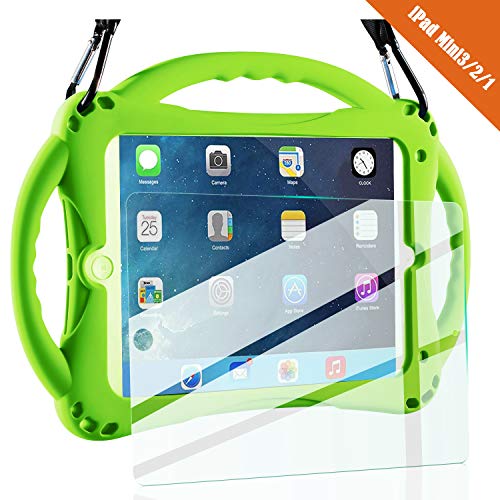 TopEsct iPad Mini Case Kids Shockproof Handle Stand Cover&(Tempered Glass Screen Protector) for iPad Mini, Mini 2, Mini 3 and iPad Mini Retina Models (Green)