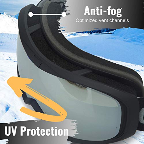 devembr OTG Ski Goggles Clear, Snowboard Goggles Anti-Fog,100% UV Protection,Anti-Slip Strap,Helmet Compatible Snow Goggles for Men & Women,Skiing Snowmobile Skating, Black Frame,Silver Lens (VLT 8%) - Thumbnail 3
