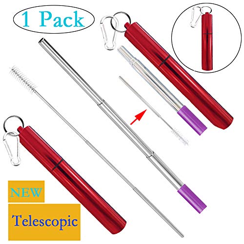 [Updated]Neepanda Portable Reusable Collapsible Straw, Telescopic Stainless Steel Metal Straw, 2019 Retractable Drinking Straws with Carry Aluminum Keychain Case & Cleaning Brush,Dishwasher Safe(Red)