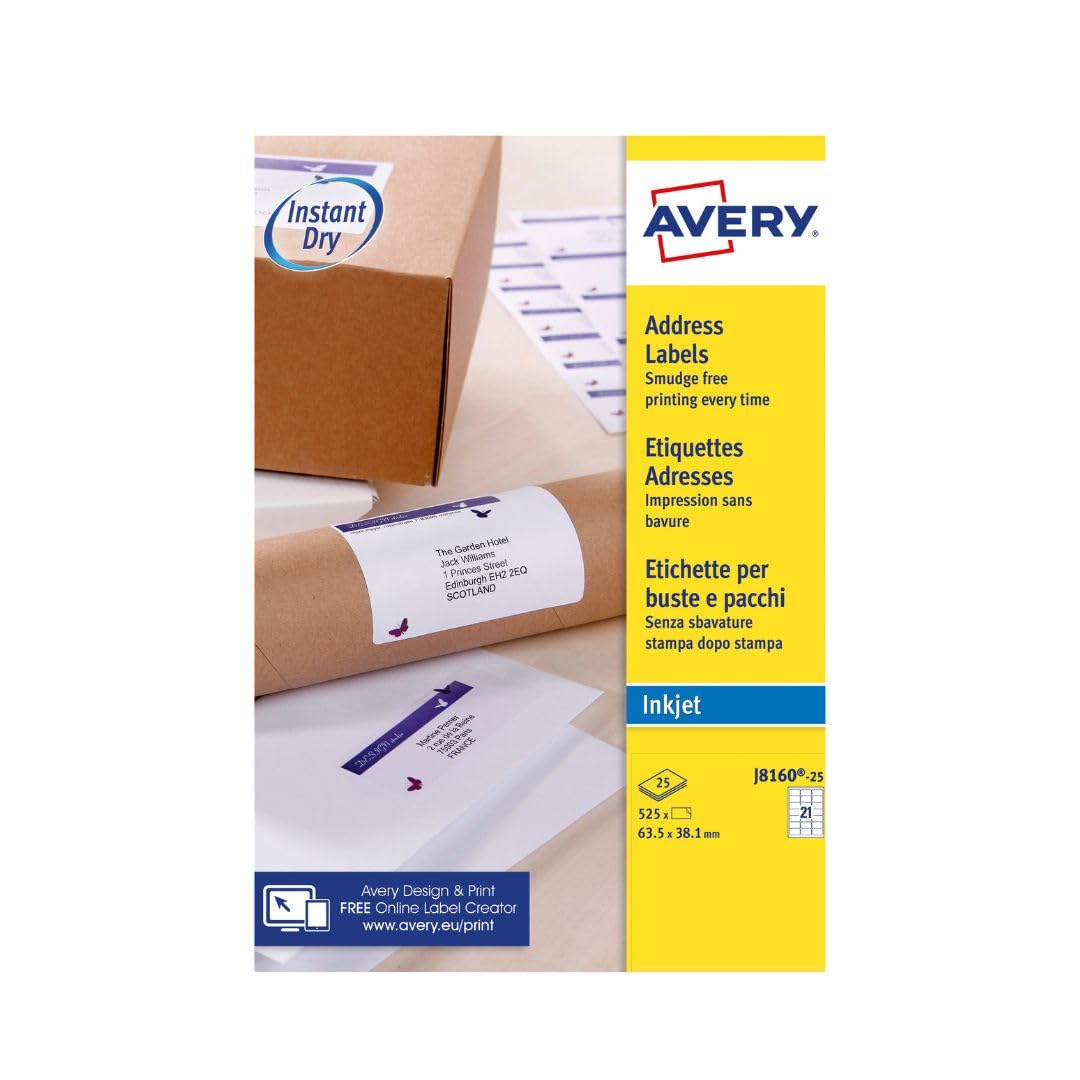 Avery Smudge free, Printable, Address Labels, Quick dry, 63.5 x 38.1 mm, White, 21 Labels per sheet, 525 Blank labels per pack (J8160-25)
