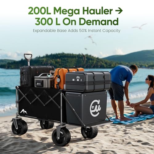Festival Trolley, 300L Folding Beach Trolley Cart with Adjustable Tailgate, 360° Wheels and Brake Load up 150KG, Adjustable Handle Cover Bag, All-Terrain Wagon or Beach Camping Garden