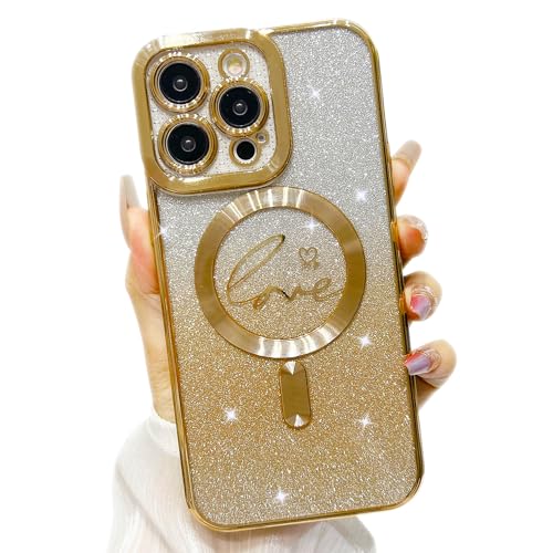 Misscase for iPhone 15 Pro Magnetic Case Compatible with MagSafe,Full Protection Slim Shockproof Elegant Anti-Scratch Back Glitter Case with Camera Lens Protector Dust-Proof Net Case 6.1 Inch Gold