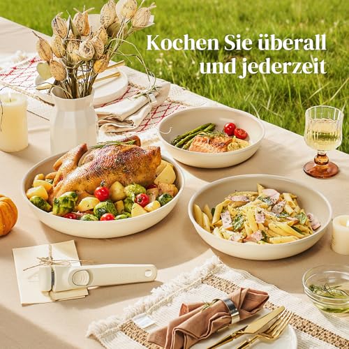 Redchef Pan Set with Removable Handle, Induction Pans, Ceramic Pan with Non-Stick Coating, 6-Piece 20, 24, 28 cm, Space-saving Ceramic Pans, PTFE, PFOA and PFAS-Free, Beige
