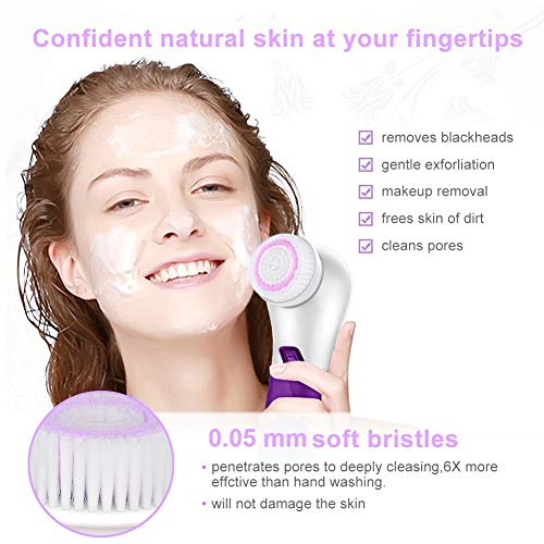 UMICKOO Facial Cleansing Brush with 5 Face Brush Heads,Waterproof Spin Cleansing System and Gentle Exfoliating for All Skin Types(Purple)
