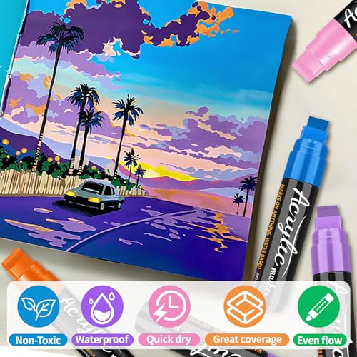 14 Colors Jumbo Acrylic Markers, 15mm Wide Tip Acrylic Marker, 3 in 1 Acrylic Paint Markers for Stones Wood Canvas Glass Cups, Acrylic Felt Suitable for Most Surfaces