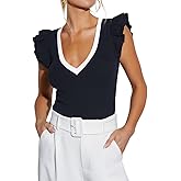 Ezbelle Women's Summer Sleeveless Tops V Neck Ruffle Shirts Knit Ribbed Tank Top Sexy Blouse
