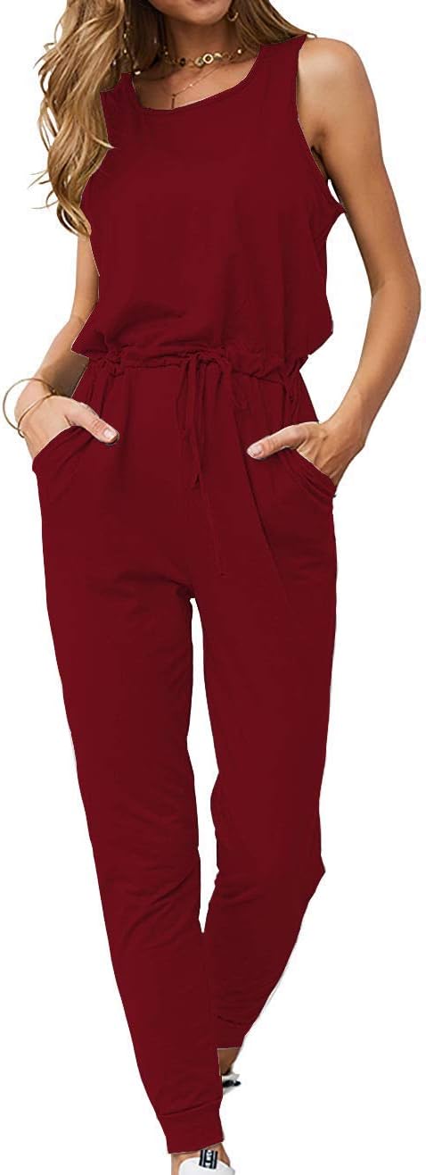 QEESMEI Women's Jumpsuits Rompers V Neck Spaghetti Strap Drawstring Elastic Waisted Long Pants Jumpsuits
