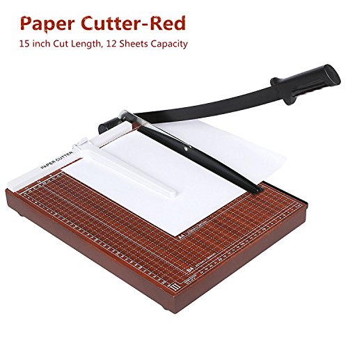 Guillotine Paper Cutter and Trimmer, 15 inch Cut Length, 12 Sheet Capacity for Home Office, Automatic Clamp, Sturdy Wood Base (Red)
