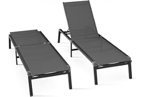 WOAJNQO Aluminum Chaise Foldable Patio Lounge Chair Outdoor, Metal Deck Lounger Adjustable 5-Position Recliner Pool Chase Breathable Full Flat Outside Sun Tanning Chairs for Beach/Poolside/Lawn(Grey, 2 Pack)