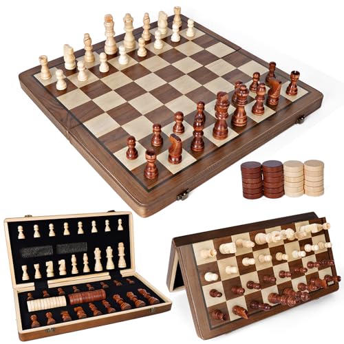 Wooden Chess Board, 2 in 1 Magnetic Chess Board, 39 x 39 cm, Professional Folding Portable Chess Board and Magnetic Checkerboard with Storage Bag, Checkers for Children and Adults Parties