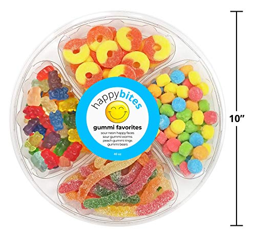 Happy Bites Gummi Favorites Party & Gift Tray - Featuring Gummi Bears, Peach Rings, Sour Neon Faces & Sour Worms - Resealable, 2.5 lbs (40 oz)