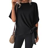 CORIRESHA Women's Batwing Sleeve Knot Side Tie Round Neck Loose Blouse Shirt Top