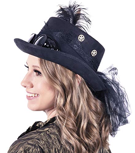 Narwhal Novelties Deluxe Halloween Costume Hat; Black, Velvet 4.5" Steampunk Hat with Removable Steampunk Goggles Attached Feather, Gears