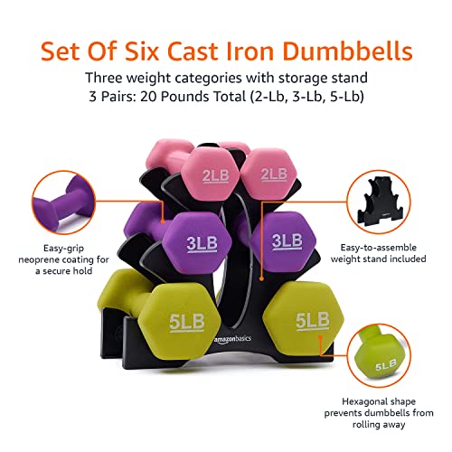 Amazon Basics Neoprene Hexagon Workout Dumbbell ColorCoded Hand Weight Set of 6 (2, 3, and 5