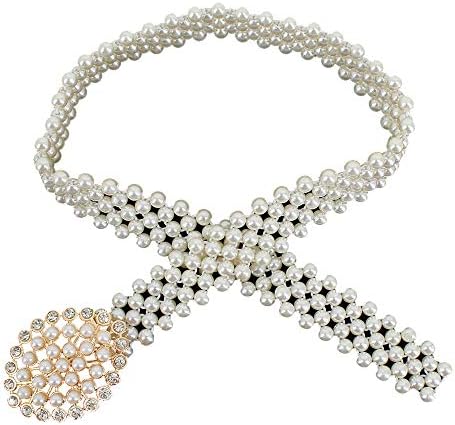 Felice Ann Women Glitter Rhinestone Pearl Elastic Waist Belt Sash Wedding Evening Dress Belt