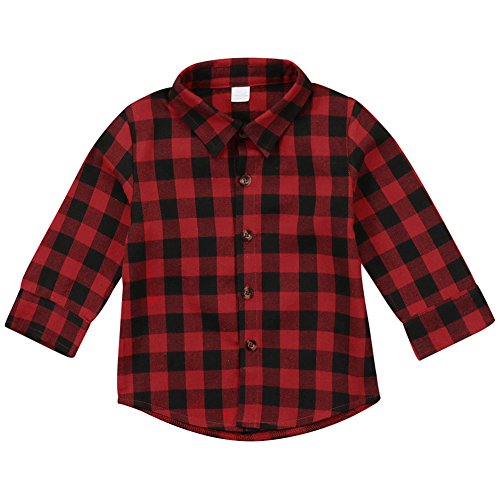 Kids Little Boys Girls Baby Letters Print Long Sleeve Button Down Red Plaid Flannel Shirt (2T, Red)
