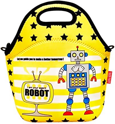 Neoprene Insulated Robot Lunch Bag For Kids (Boys and Girls) - Zipper Secured Tote Bag With Detachable Shoulder Strap - Best Robot Lunch Bag For Preschool, Kindergarten and Elementary School Child