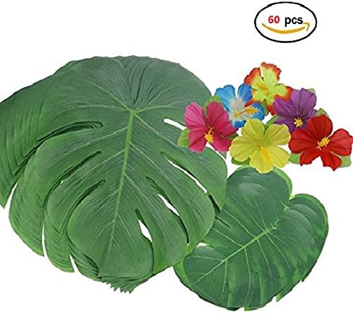 60 Pcs Tropical Party Decoration Supplies13" and 8" Tropical Palm Leaves and Hibiscus Flowers, Simulation Leaf for Hawaiian Luau Party Jungle Beach Theme Table(HibiscusTropicalLeaf,60pcs)