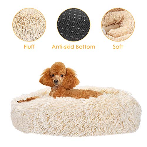 AutoWT Dog Bed, Donut Dog Bed Cat Beds Cuddler Nest Soft Plush Dog Cat Cushion with Cozy Sponge Non-Slip Bottom for Small Medium Pets Snooze Sleeping Indoor, Machine Washable (S - 19 inch, Khaki)